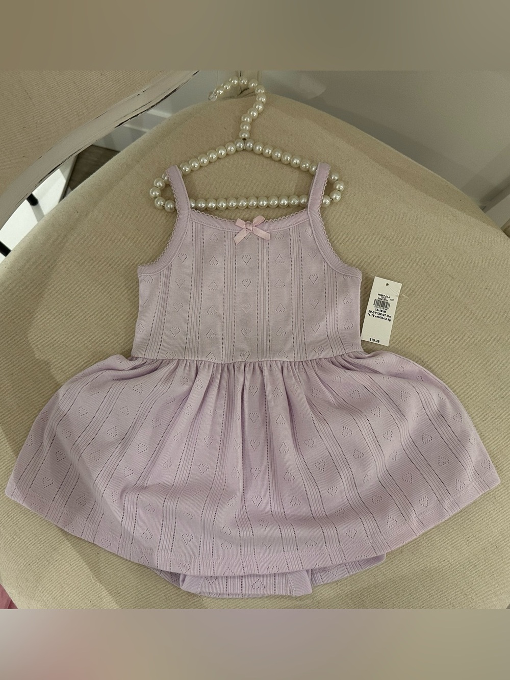 🤍 12~18 Mth Pointelle Knit Lavender Sleeveless Baby Dress with Heart Pattern NWT